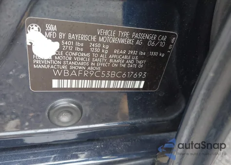 2011 BMW 550I из США, поврежденный, VIN WBAFR9C53BC617693